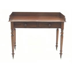  Victorian mahogany side table, raised gallery back, two drawers, brass capped turned tapering supports, W18cm, H84cm, D58cm  