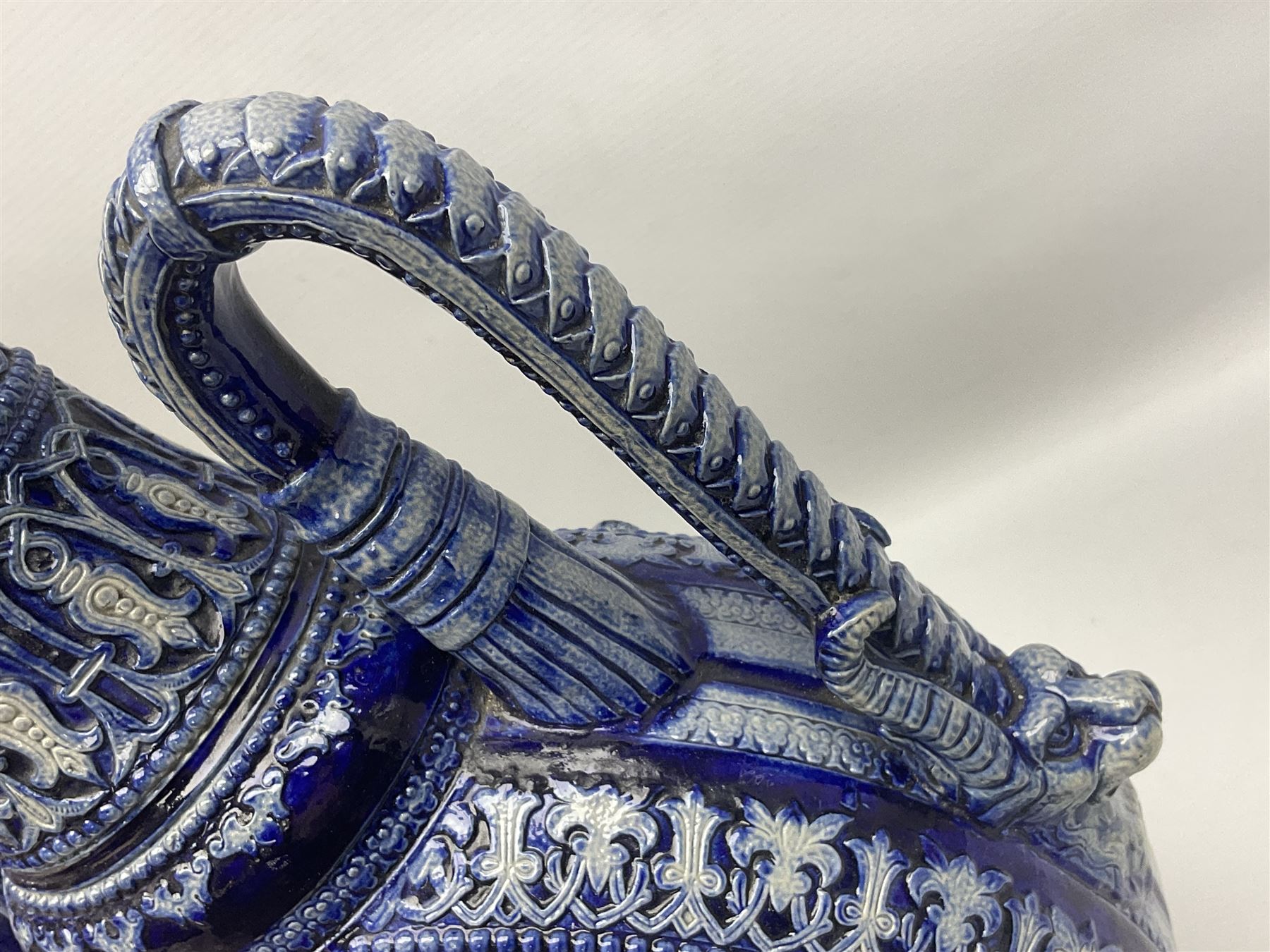 German stoneware blue glazed vase of flattened form with twin handles, H49cm (a/f)