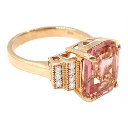 18ct rose gold pink tourmaline and diamond ring, emerald cut tourmaline of 5.21 carat, with milgrain set round brilliant cut diamond stepped design shoulders, stamped 750, with World Gemological Institute report