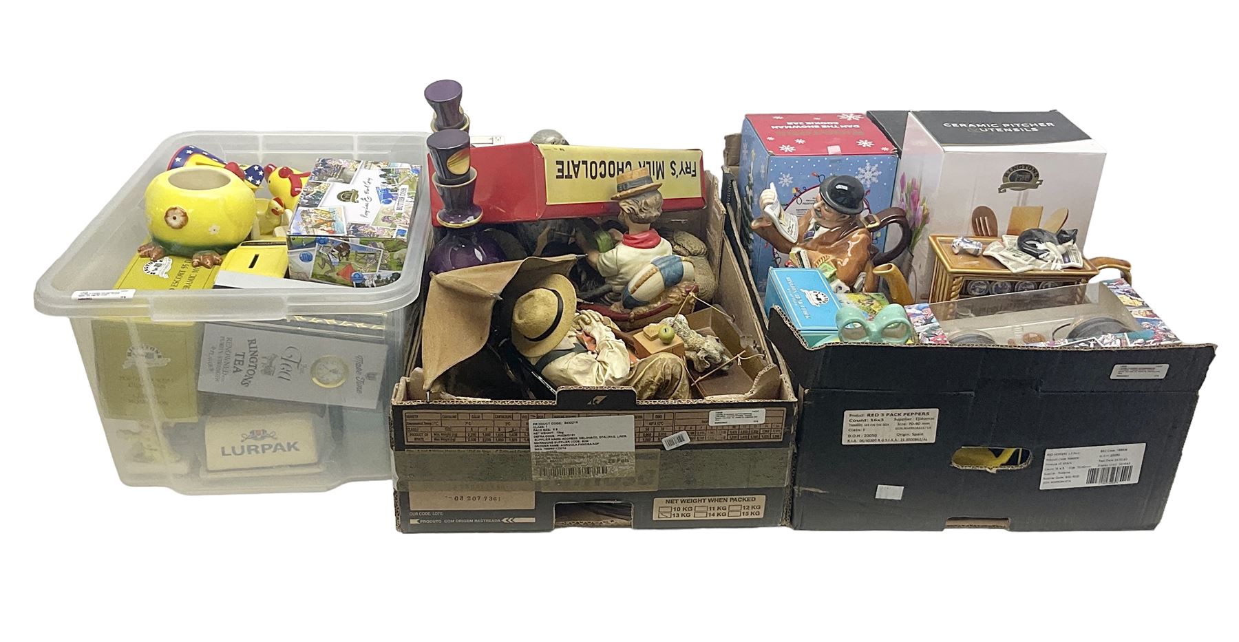 Gone Fishing Norman Rockwell The Saturday Evening Post figure, Animal Classics bird figure, Rington's novelty teapots, Fry's Chocolate reproduction box etc in three boxes