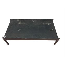 Mid-20th century rectangular teak coffee table with black lacquered top (117cm x 61cm, H31cm), and a matching square coffee table (61cm x 61cm, H31cm)