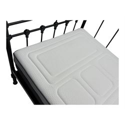 Contemporary Victorian revival black metal day bed, featuring arched back and sides with turned finials and spindle rails, complete with single 'OTTO' mattress