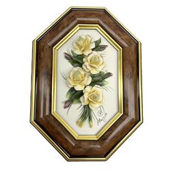 Set of three Capodimonte wall plaques, depicting floral decoration in octagonal frames with gilt edging, largest plaque H48, two small plaques H31cm.    