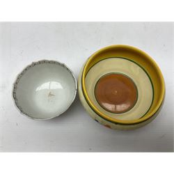20th century Clarice Cliff Bizarre Crocus pattern bowl, printed marks beneath, D13cm, Staffordshire figure group, and a small tea bowl