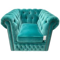 Sofas by Saxon - Chesterfield shape armchair, upholstered in buttoned aqua blue velvet fabric