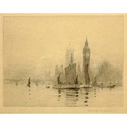 Rowland Langmaid (British 1897-1956): 'Barges on the Thames before Westminster', etching signed in pencil with Academy Proof blindstamp 21cm x 27cm