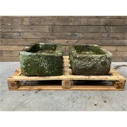 Two 19th century rectangular stone troughs (W72cm, D46cm, H25cm & W70cm, D44cm, H23cm)