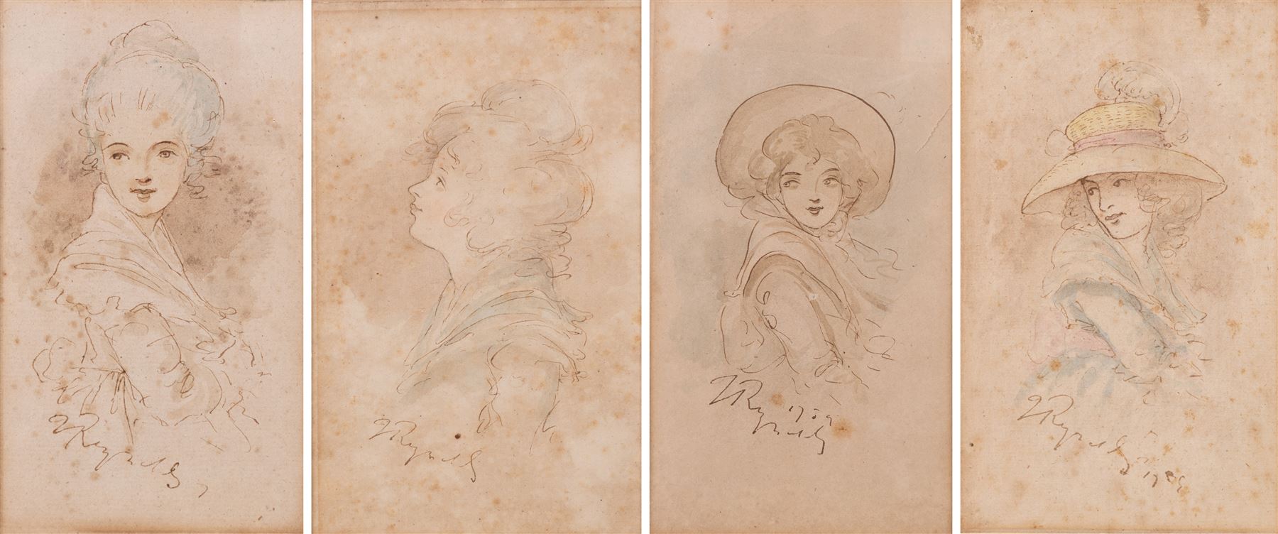 Follower of Joshua Reynolds (British 1723-1792): Studies of Young Women, set of four pen ink and colour wash drawings bearing signature and dated 1759, 20cm x 13cm - 15cm x 9cm (4)