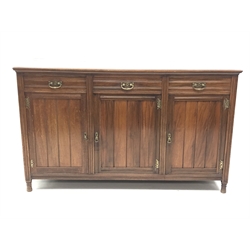  Edwardian walnut sideboard, three drawers above three cupboards with panelled doors, W153cm, H91cm, D53cm  
