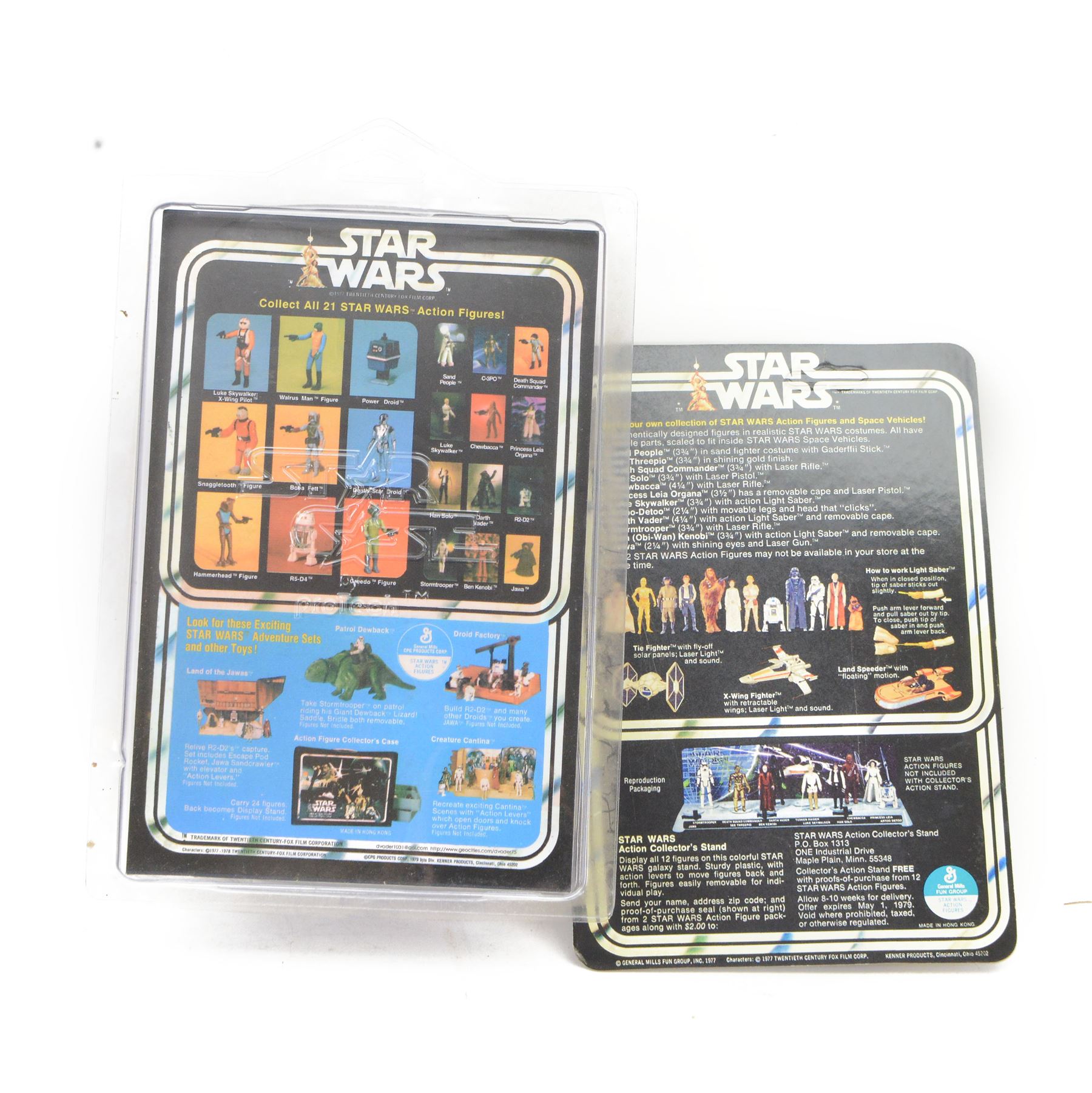 Kenner Star Wars Boba Fett action figure with C.P.G 1979 Hong Kong to back of legs, with a modern printed vintage style Kenner backing card, together with a 3 3/4 inch Chewbacca action figure, recarded on a Kenner backing card