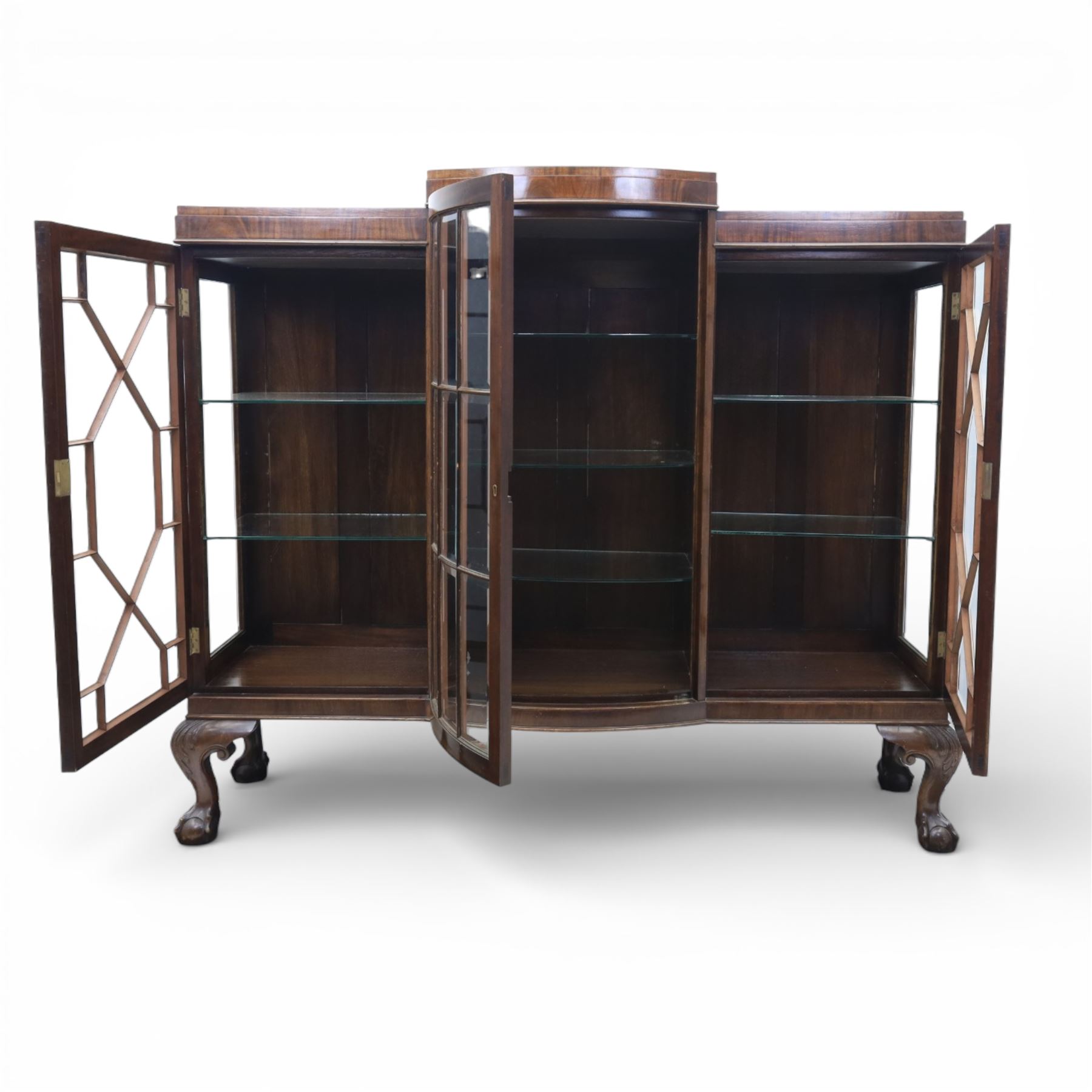  20th century large mahogany breakfront bookcase, with astragal glazed doors revealing an adjustable glass shelved interior, raised on ball and claw feet 