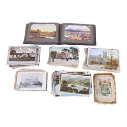 Collection of Victorian and later postcards and greetings cards, including black and white family photographs, 1920s birthday cards, black and white and colour postcards of York, Newcastle, Whitby etc, housed in five early 20th century postcard albums and some loose