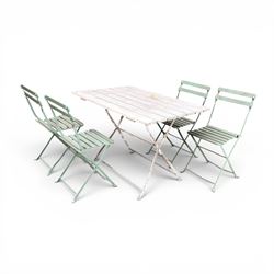 Wrought metal folding garden table, with painted wood plank top; and four matching folding chairs
