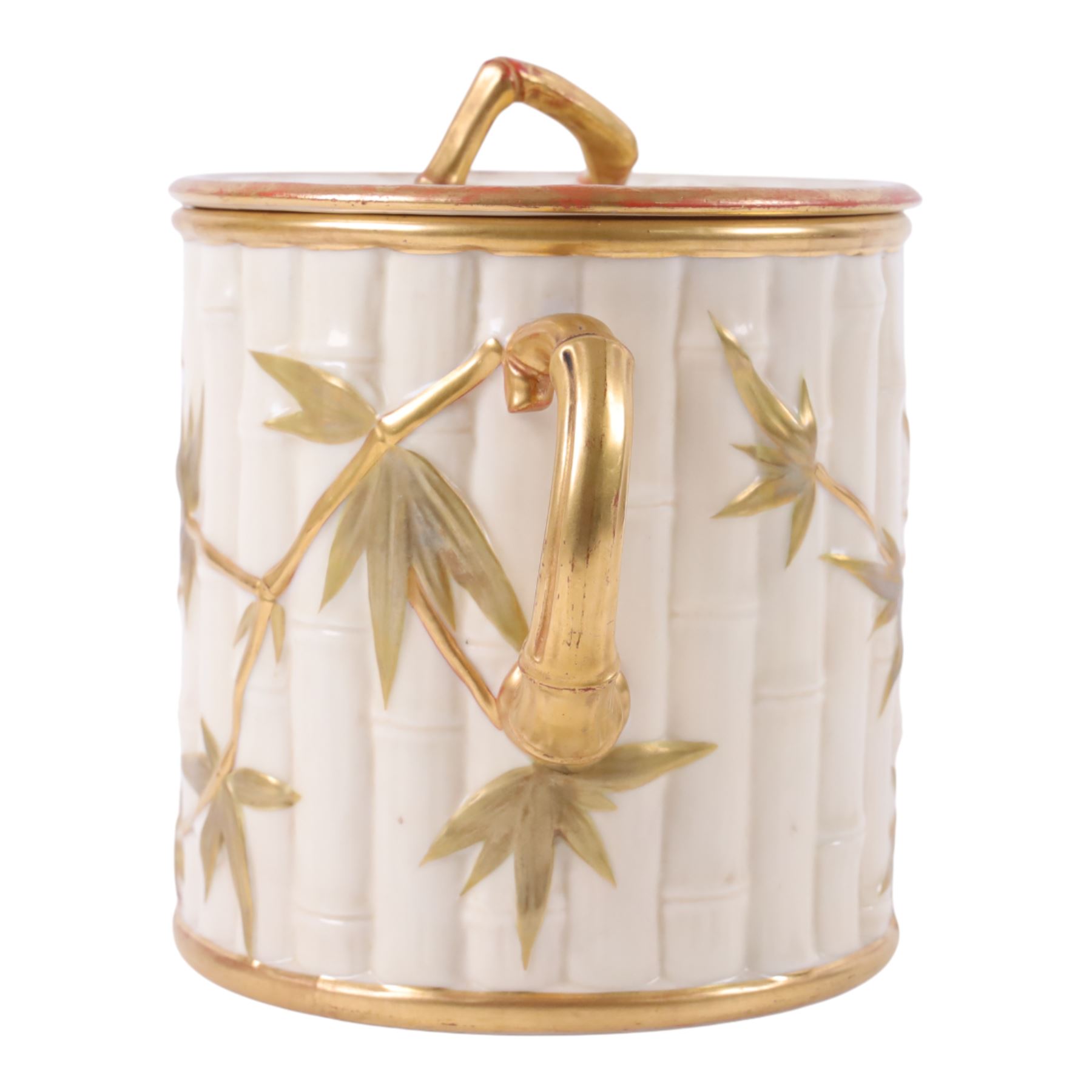Royal Worcester Blush Ivory twin handled biscuit barrel and lid, in the form of bamboo with gilt highlights, H19cm 