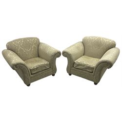 Traditional design three-piece lounge suite - three-seat sofa (W220cm, H90cm, D90cm); two armchairs (W115cm); and two footstools (77cm x 43cm, H31cm); upholstered in cream damask fabric