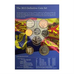 Six The Royal Mint United Kingdom uncirculated coins or sets, comprising  2008 'Queen Elizabeth I' five pounds, 2010 twelve coins, 2012 'Definitive' eight coins, 2013 'Definitive' eight coins, 2014 'Definitive' eight coins and 2015 'The Fourth Circulating Coinage Portrait Final Edition' eight coins, all in card folders