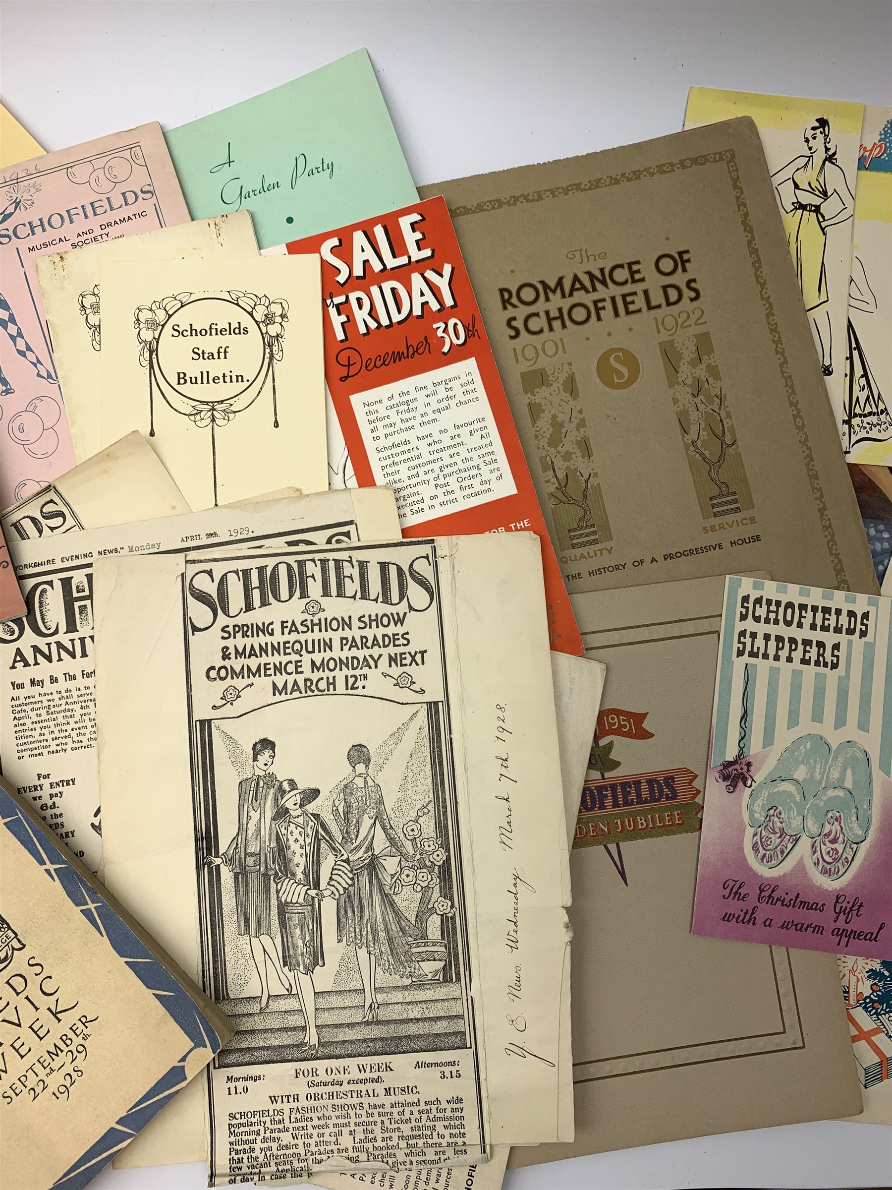 Quantity of paper ephemera relating to Schofields Department Store, The Headrow, Leeds, 1920s - 1950s, including Romance of Schofields 1922, Golden Jubilee Booklet 1951, various catalogues and promotional booklets and leaflets, Christmas offers, greeting cards, marketing and advertising items, menus etc