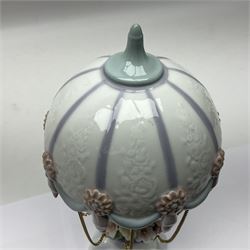 Lladro Flying High, modelled as a hot air balloon, with brass chains to suspended blossom filled basket, no 6523, with original box, H23cm