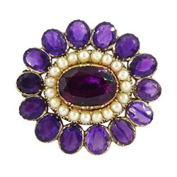 19ct / early 20th century 9ct gold amethyst, split pearl and foiled back amethyst brooch