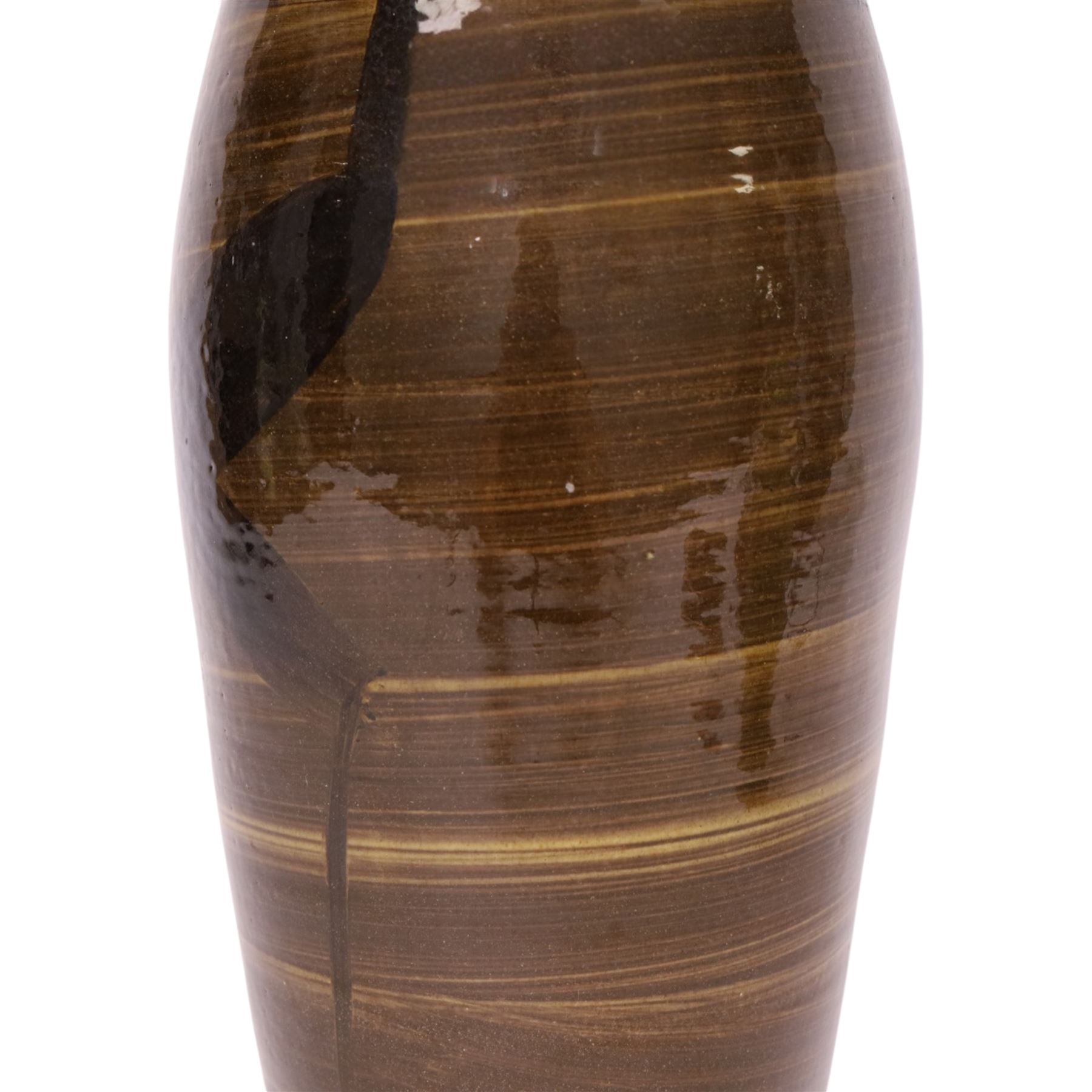 Studio pottery vase by Menston Art Pottery, decorated with brown and green slipware design, H39cm