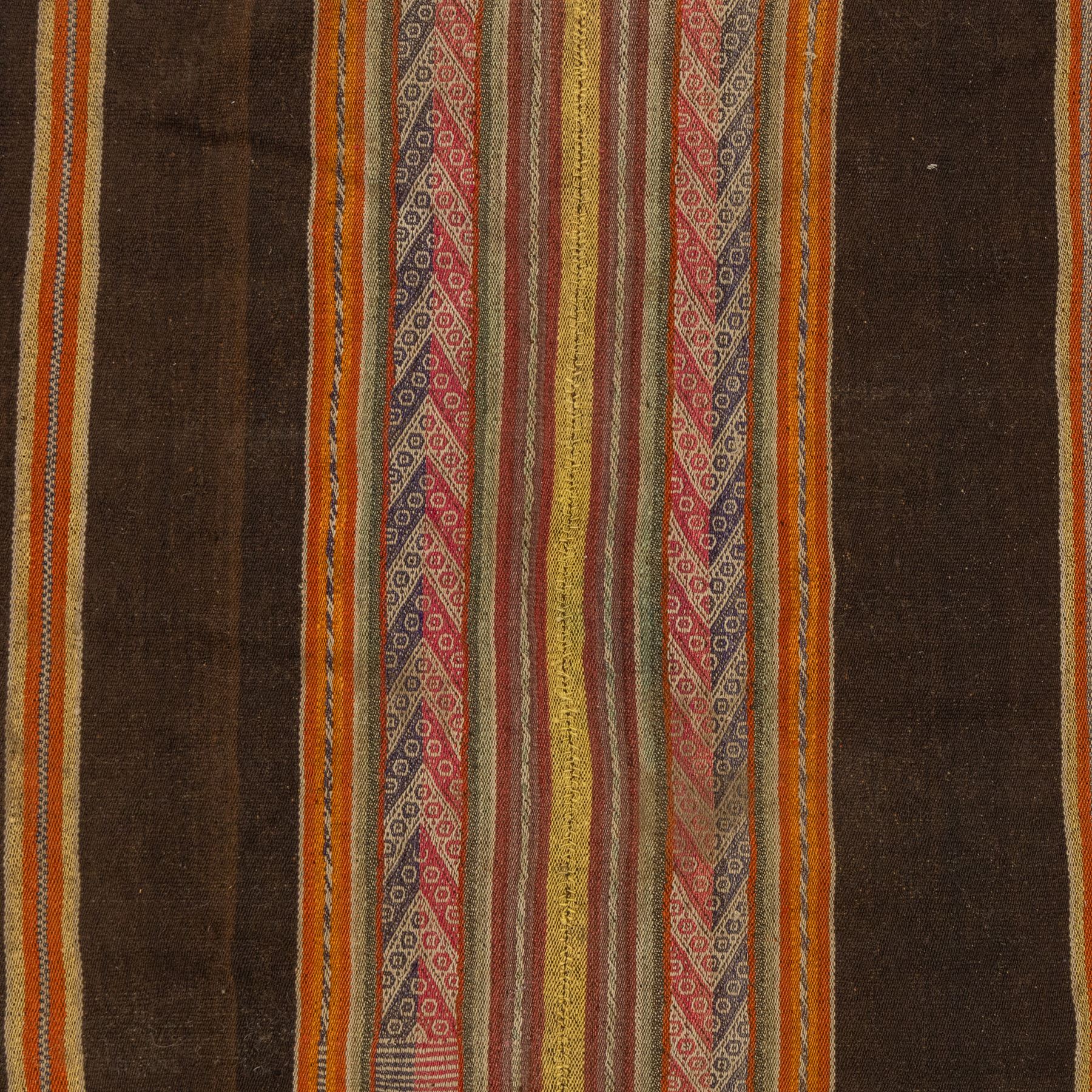 Flatwoven wool rug, with horizontal bands in dark brown, rust, ochre and muted red tones, detailed with narrow geometric patterned stripes across the field