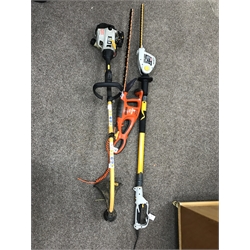 Flymo EasiCut 600 XT hedge cutter, a strimmer and a Ryobi RPT400 pole hedge trimmer