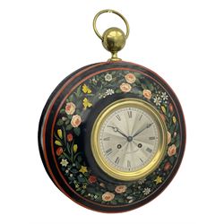 Honore Pons of Paris -  A good and early 19th century Tole Ware wall clock c1830, with a later re-decorated case suspended from a circular brass hanger, cast brass dial bezel and silvered engine turned dial with roman numerals, minute track and steel moon hands, 8-day twin train countwheel striking movement with a silk suspension, striking the hours and half hours on a bell. With pendulum and key.
