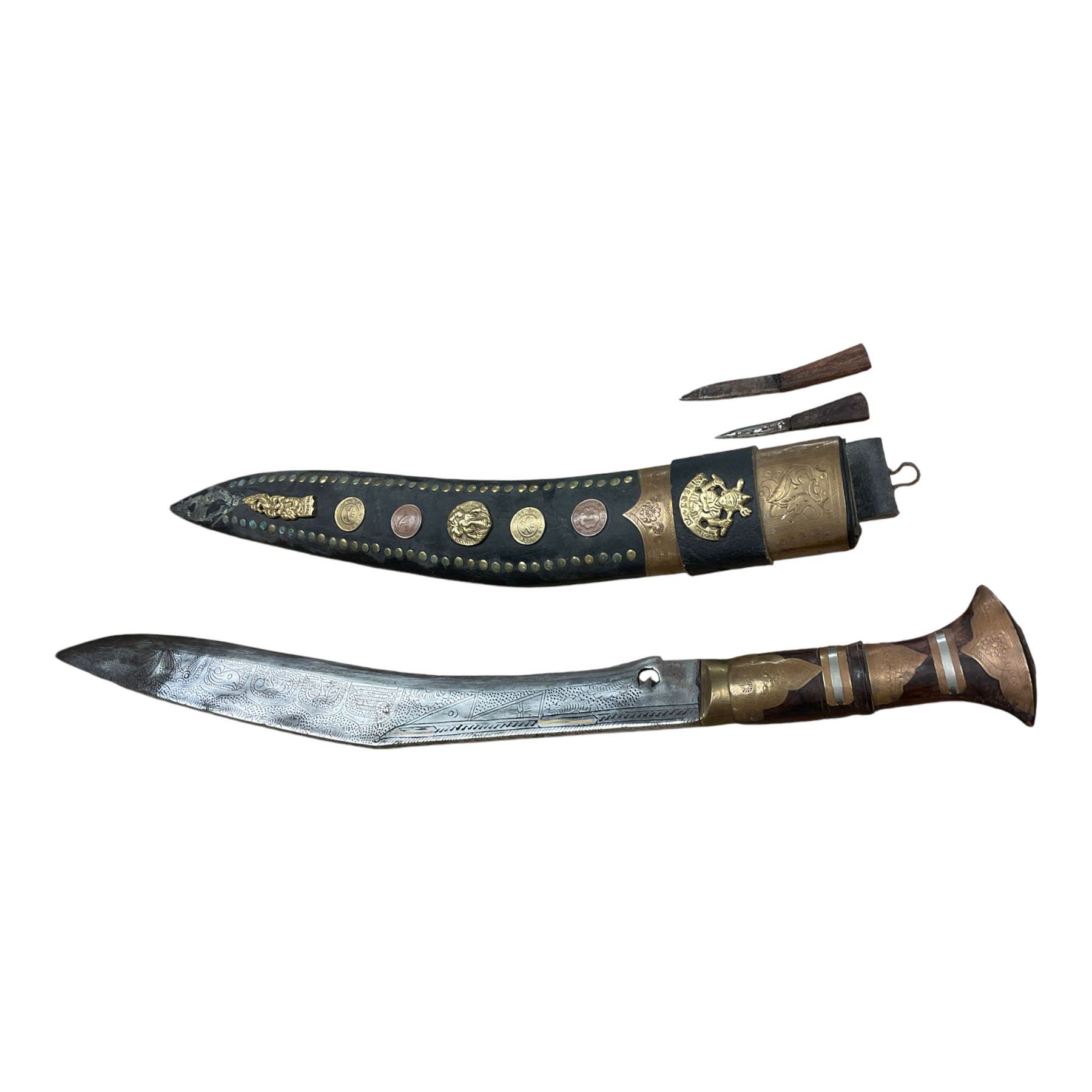 Nepali Kukri knife, steel blade, leather scabbard with brass decoration, wooden handle, blade length approx 46cm, L61cm overall 
