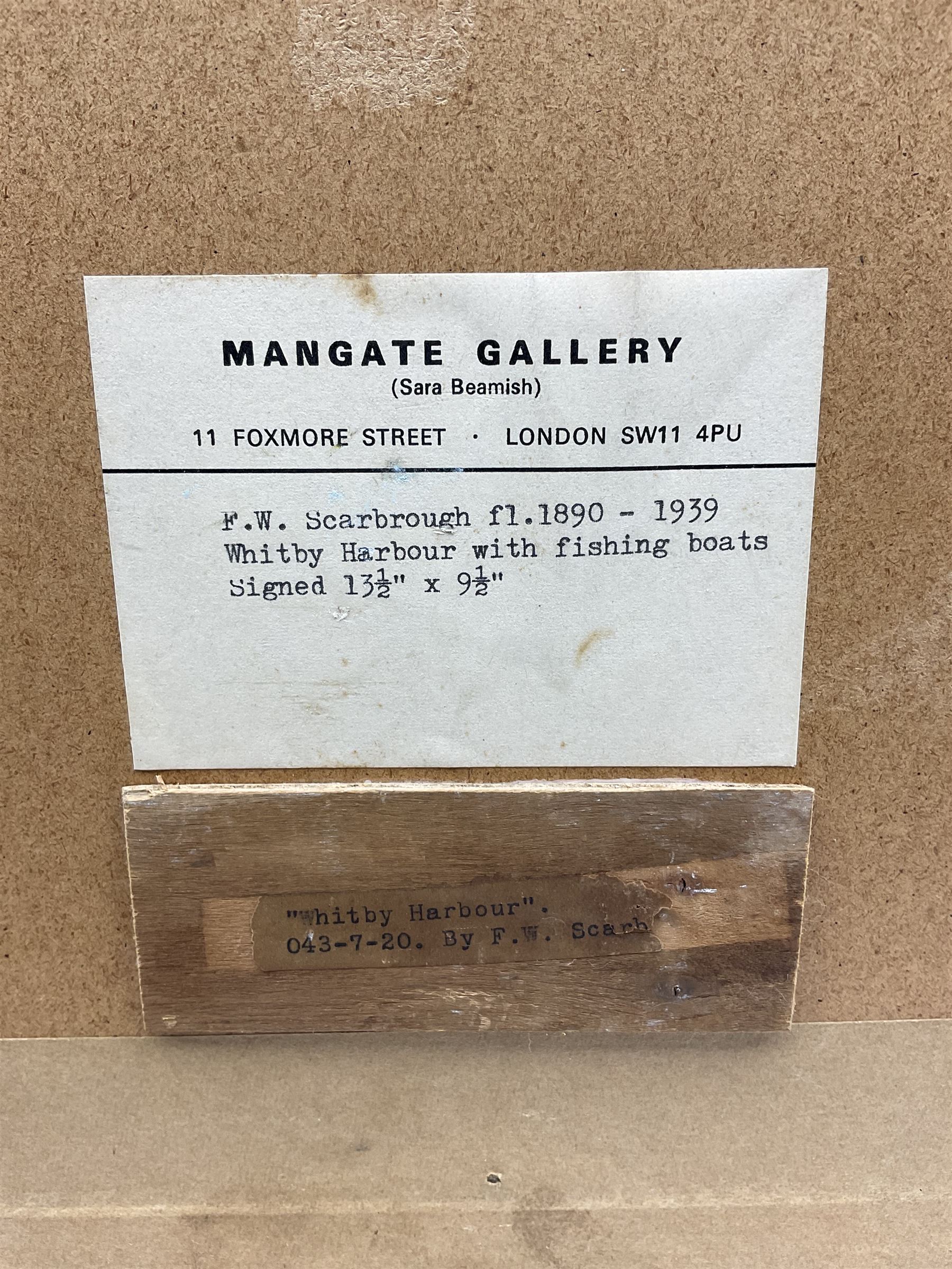 Frank (Frederick) William Scarborough (British 1860-1939): Whitby and Kirkcaldy boats in Harbour, watercolour signed 33.5cm x 24cm 
Provenance: with the Mangate Gallery London, label verso