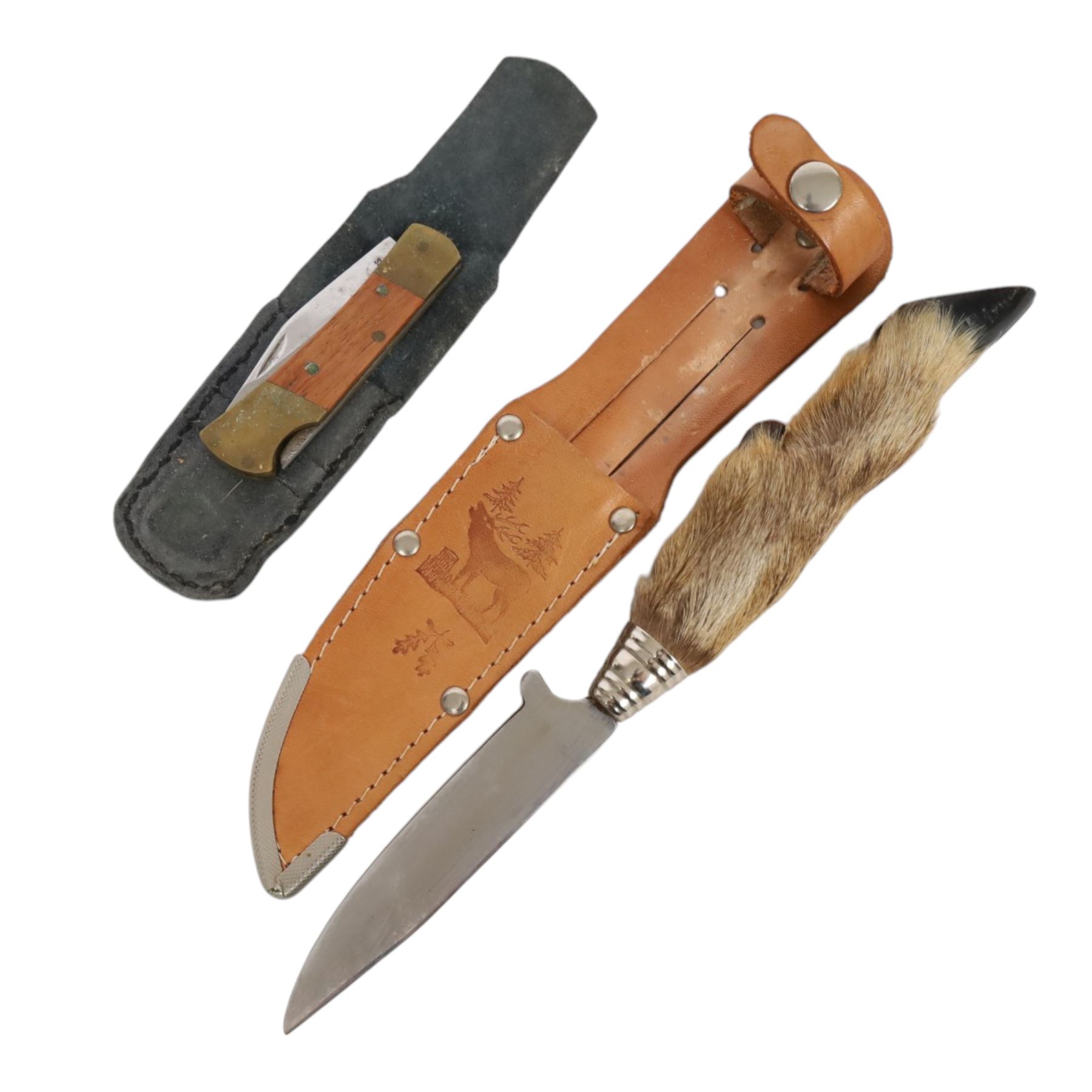 Two James Dixon & Sons powder flasks, together with a collection of pen knives  