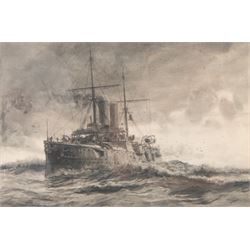 William Lionel Wyllie RA (British 1851-1931): HMS Blenheim, returning home with the body of the late Prince of Battenberg after it had been transferred to her from HMS Blonde at Maderia, monochrome watercolour signed 23cm x 33cm 
Provenance: original illustration for The Graphic pub. 8th February 1896; purchased David Duggleby Ltd 17th July 2020 Lot 8. HMS Blenheim was a Blake-class first class protected cruiser that served in the Royal Navy from 1890-1926. She was built by Thames Ironworks & Shipbuilding Company at Leamouth, London.