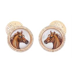 Pair of 14ct rose gold mother of pearl Essex crystal horses head cufflinks, with diamond set surround, 