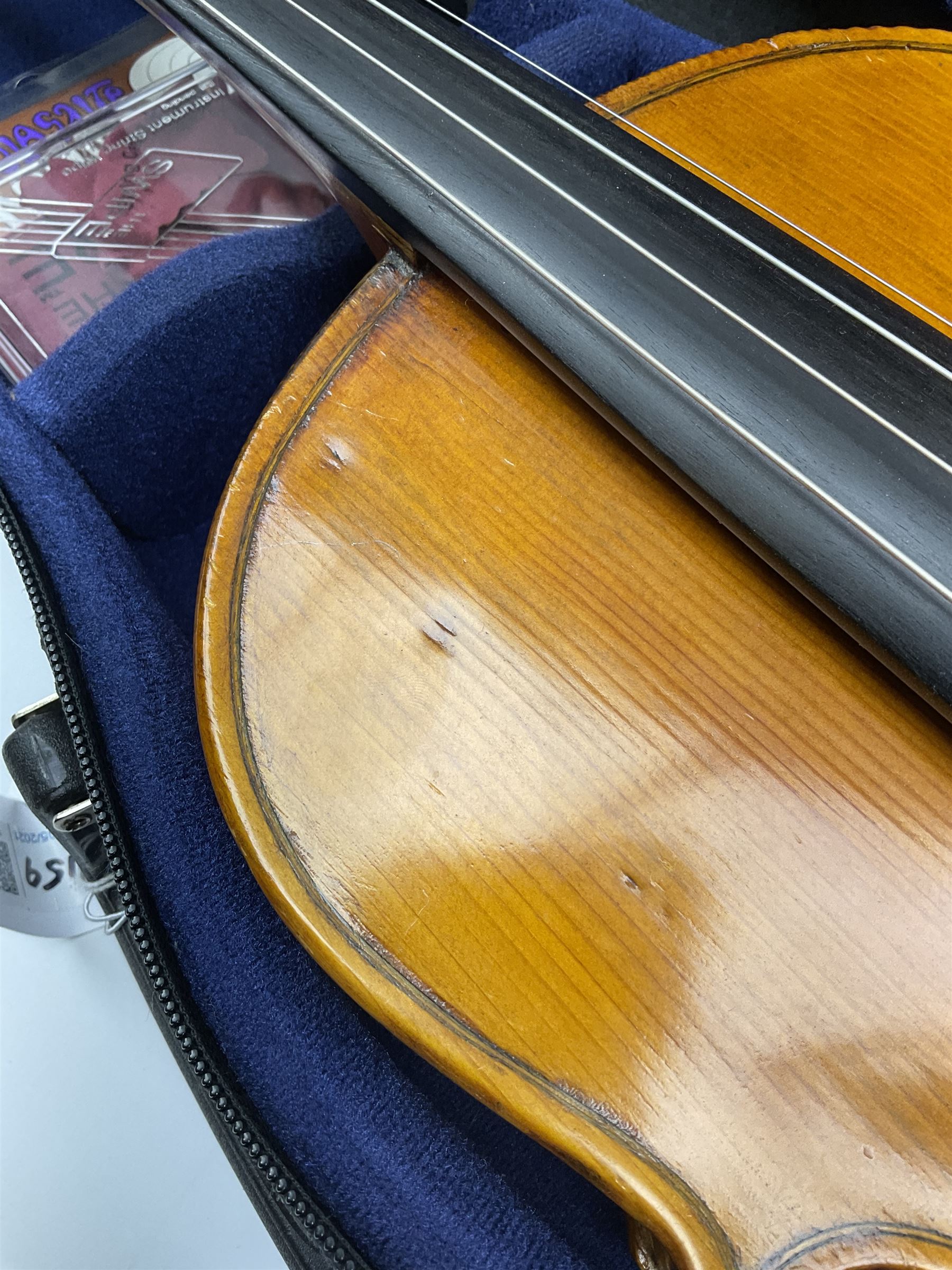 1920s continental large viola with 42cm two-piece maple back and ribs and wide grain sprucewood top with guarnerie sound holes, bears label 'Werner Alajos Budapest', overall length 69cm; in modern carrying case