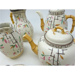  Victorian Brownhills Majolica teapot, coffee pot, two graduating jugs and egg cruet, Aesthetic style, H23cm max  