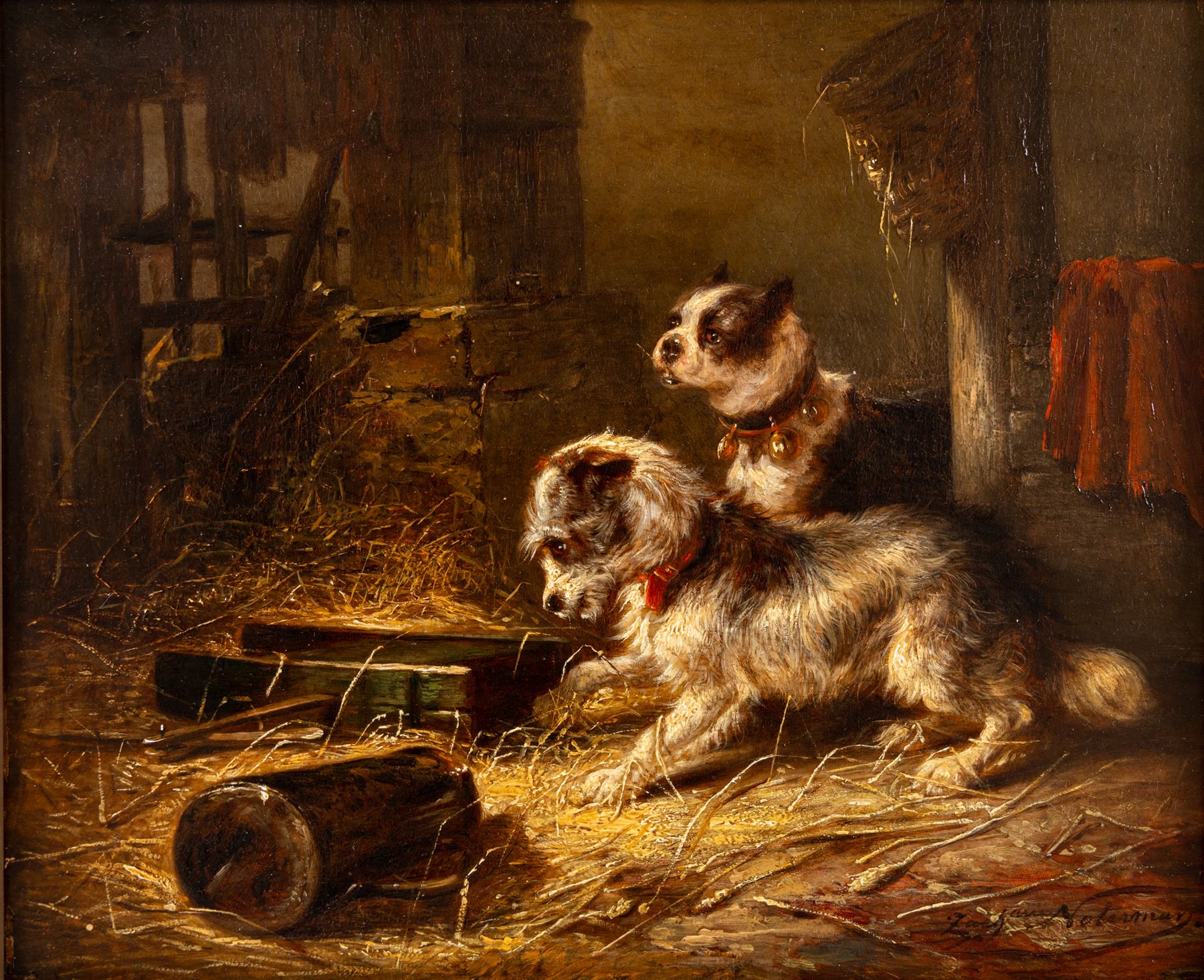 Zacharie Noterman (Belgian c1820-1890): Dogs Playing in a Stable, oil on panel signed 25cm x 30cm 