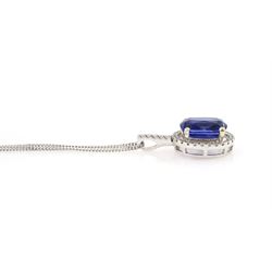 18ct white gold sapphire and diamond halo pendant necklace, single cushion cut sapphire of approx 4.65 carat, with round brilliant cut diamond surround and bail, on fine flattened curb link chain necklace, both hallmarked, total diamond weight approx 0.35 carat