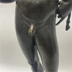 Bronzed classical nude male figure, upon a stepped circular base, H61cm 