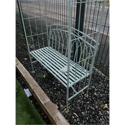 Washed green finish metal garden arbour bench, arch trellis top - THIS LOT IS TO BE COLLECTED BY APPOINTMENT FROM DUGGLEBY STORAGE, GREAT HILL, EASTFIELD, SCARBOROUGH, YO11 3TX