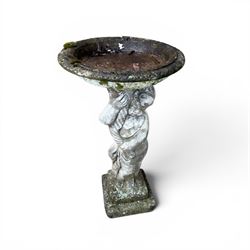 Collection of cast stone garden ornaments - three figure bird baths, figure on plinth, seated lion, lion, boy figure, and stone trough (9)