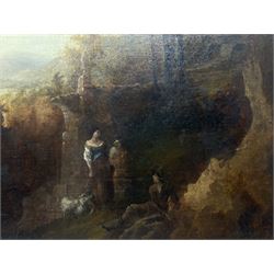 Jan Dircksz Both (Dutch 1615/18-1652) and Andries Both (Dutch 1612/1613-1642): Shepherd and Wife within an Italian Landscape, oil on canvas attributed and titled on the mount 60cm x 50cm 
Provenance: previously owned by the Countess Michalowski, Cork 
Notes: this picture captures the typical golden Italian light and shadowy foreground that Both highlighted in many of his works from the 1630s and early 40s. It is likely the figures were executed by his elder brother Andries, who drowned in Venice 1642.