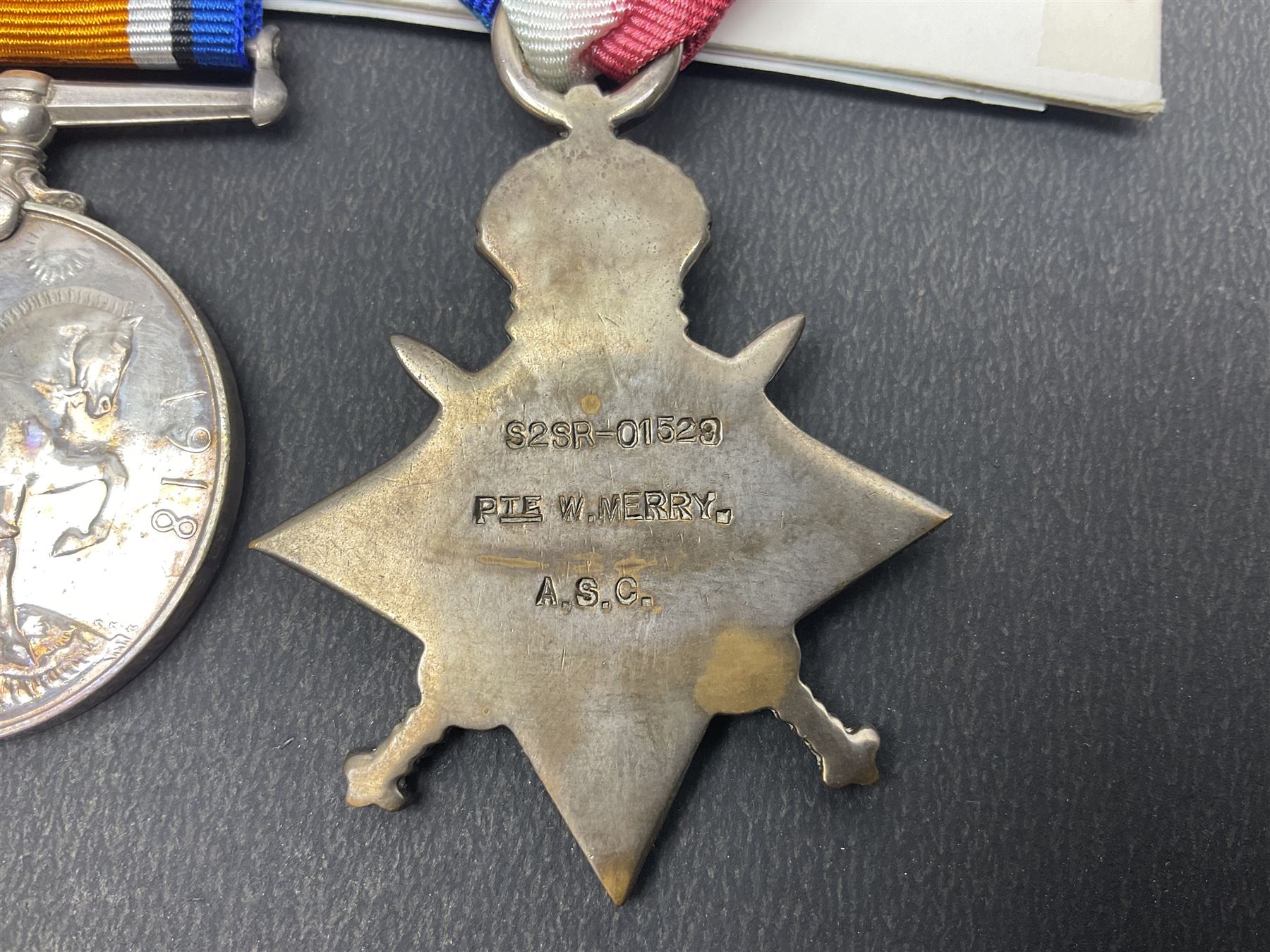 WWI trio of medals comprising British War Medal, Victory Medal and 1914-15 Star awarded to S2SR-01529 Pte. W. Merry A.S.C.; all with ribbons