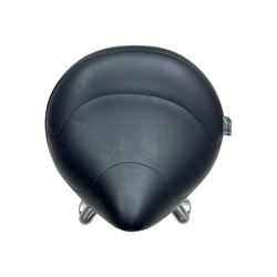 Score - contemporary 'Amazone' saddle stool, upholstered in black leatherette with adjustable height and tilt mechanism, raised on chrome spoke base fitted with castors