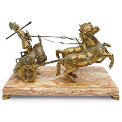 Gilt metal model depicting Roman charioteer and two horses, on marble base W38cm 