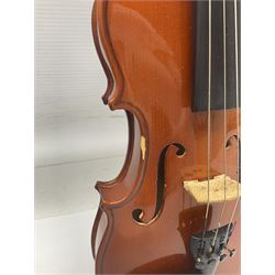 Three Primavera student violins - half-size with 31cm two-piece back; and two quarter-size each with 28cm two-piece back; each cased with bow (3)