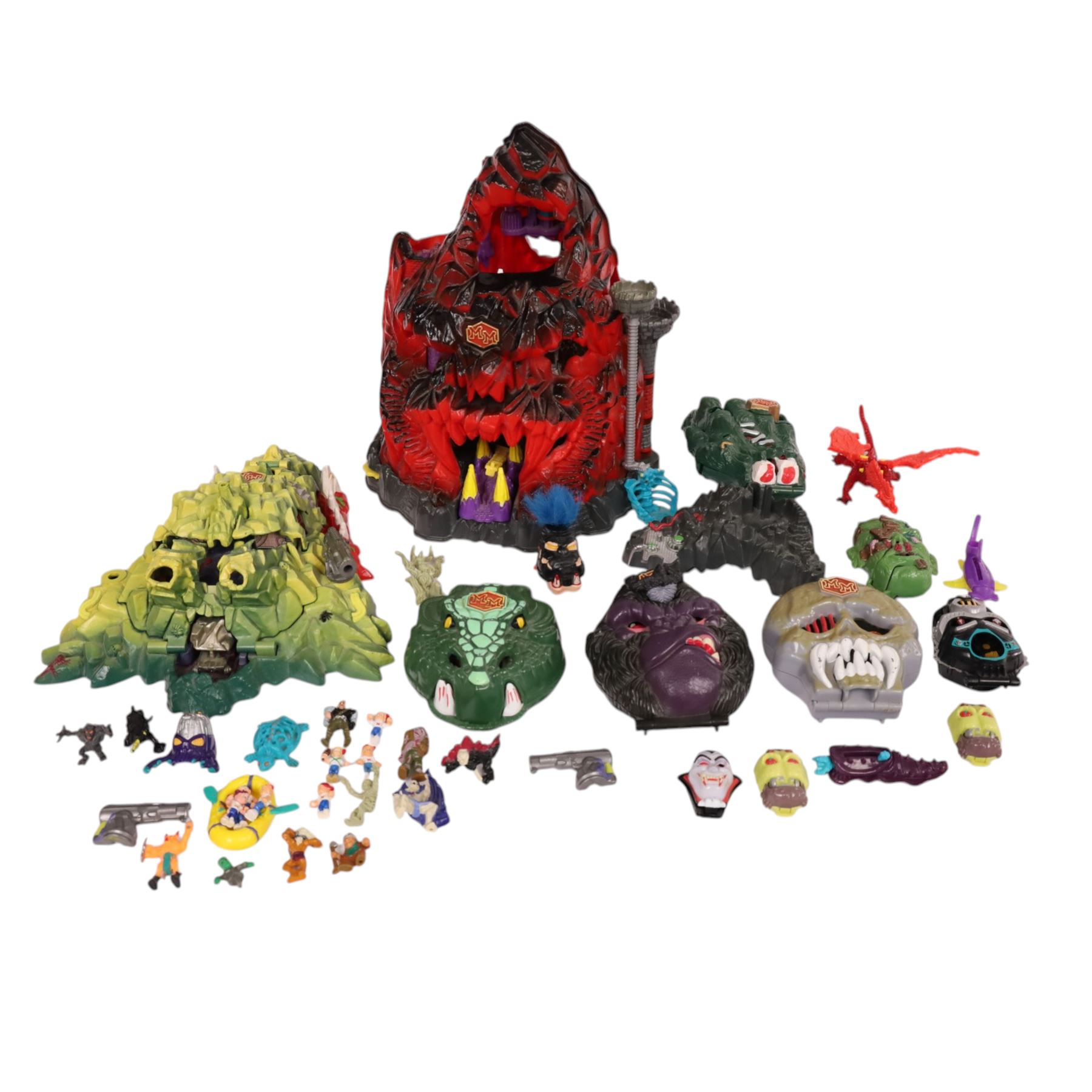 Bluebird Toys Mighty Max playsets, figures and accessories, comprising Trapped in Skull Mountain, Storm's Dragon Island, Droid Invader, Survives Corpus, Dread Heads, two Brain Face Shrunken Heads and a Shrunken Head Vampire, Ape King Doom Zone, Skull Dungeon, Slays the Doom Dragon, Crushers the Hand Doom Zone, ten Mighty Max figures and other figures and accessories 