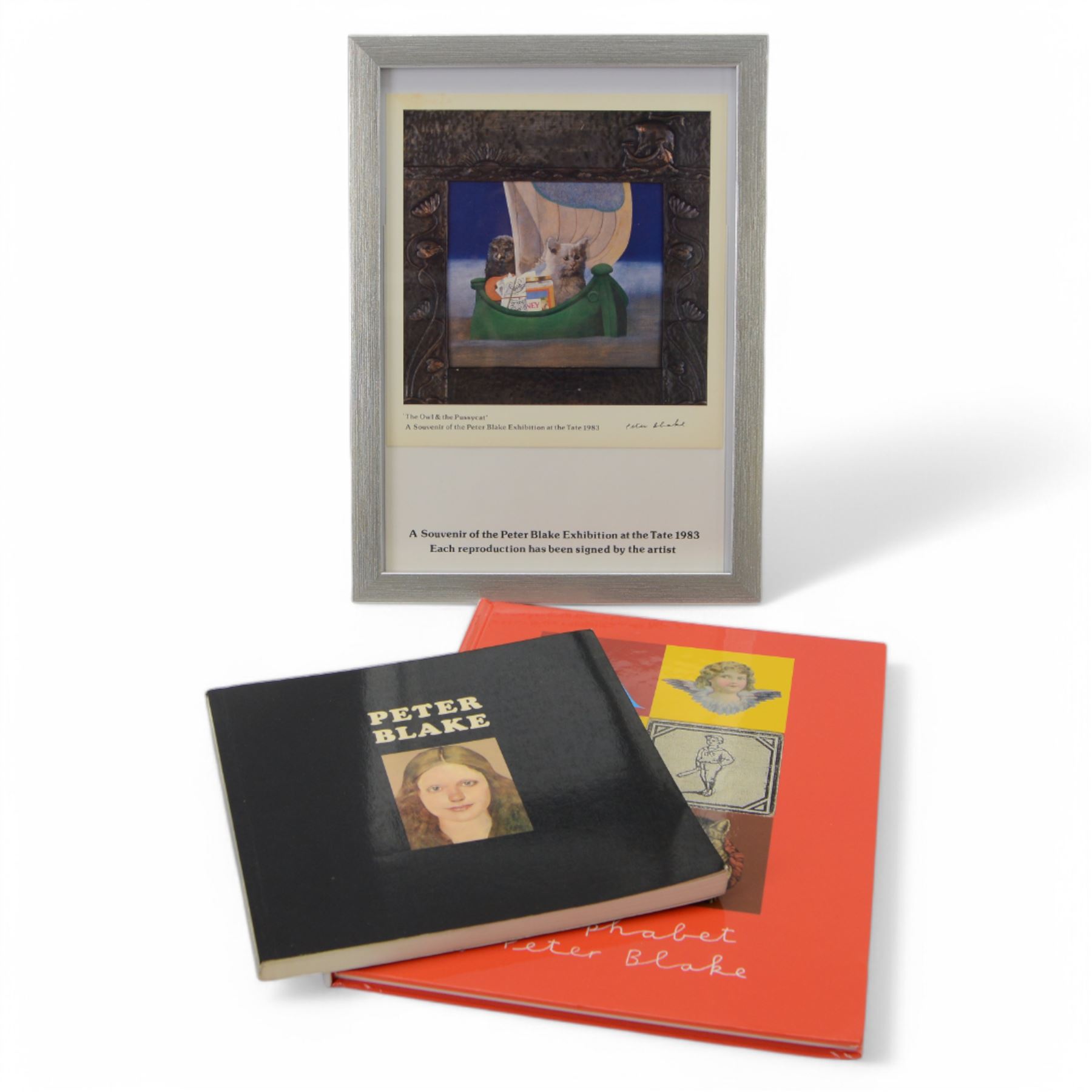 Peter Blake (British 1932-): 'The Owl & the Pussycat', exhibition souvenir print signed 16.5cm x 17.5cm together with a corresponding 1983 Tate Gallery exhibition brochure and Alphabet by Peter Blake 