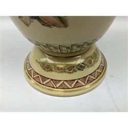 Pair early 20th Century Japanese floor vases of ovoid form, painted with warriors and elders within geometric designs and gilding, H61cm