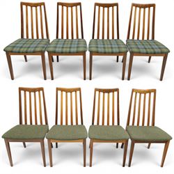 G-Plan - 'Fresco' set of teak eight dining chairs, reupholstered in green tartan and green...