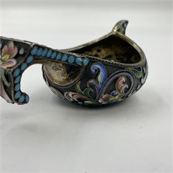 Late 19th century Russian silver kovsh, the body with polychrome cloisonne enamel floral decoration and turquoise enamel bead borders to base and handle, marked beneath with Kokoshnik mark, 84 standard, makers mark MC, possibly for Mikhail Fyodorovich Sokolov, L7cm, H3cm