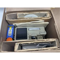 Large collection of projectors and equipment, to include Alphaxia Gnome projector, Kodak Brownie projector, slide containers, projector screen, etc, in six boxes